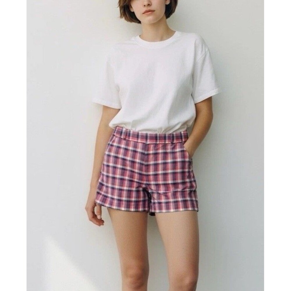 Theory Shorts Women 6 Pink Purple Lolani Check Plaid Cotton Blend Pockets